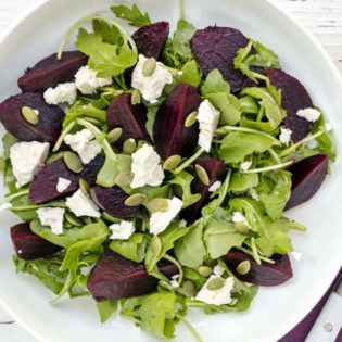 Warm Beet Salad with Greens and Pistachios