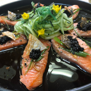 Ora King Salmon Sizzled Sashimi with Tsar Nicoulai Caviar and Ponzu Sauce