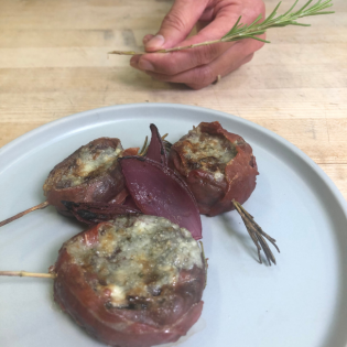 Point Reyes Original Blue, Roasted Red Onion, Proscuitto Wrapped Mushroom Cap