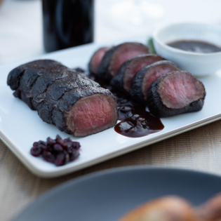 Pan Roasted Venison, Red Wine Dried Cranberry Sauce
