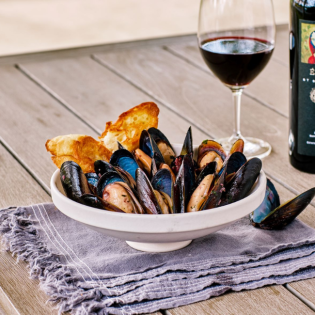 Steamed Mussels, Sausage, Herbs, Red Wine